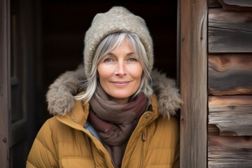 Wall Mural - Portrait of a glad woman in her 60s wearing a warm parka against a rustic wooden wall. AI Generation