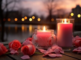 Romantic date with two lit candles and roses on a wooden surface overlooking the city at sunset. Valentine's Day celebration concept. City lights.