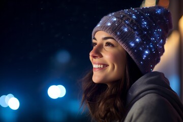 Wall Mural - Portrait of a blissful woman in her 30s sporting a trendy beanie against a sparkling night sky. AI Generation