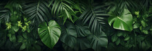 Background Of Dark Green Tropical Leaves Monstera, Palm, Coconut Leaf, Fern, Palm Leaf, Banana Leaf. Wide Panorama Backdrop Wallpaper, Concept Of Nature, Generative Ai
