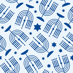 Poster - Happy Hanukkah seamless pattern with creative symbols on a white background. Modern festive monochrome design for wallpaper, wrapping paper, fabric, banner. Vector illustration