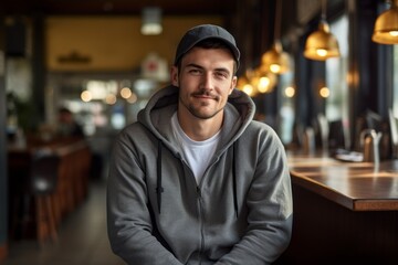 Wall Mural - Portrait of a jovial man in his 30s sporting a comfortable hoodie against a bustling city cafe. AI Generation