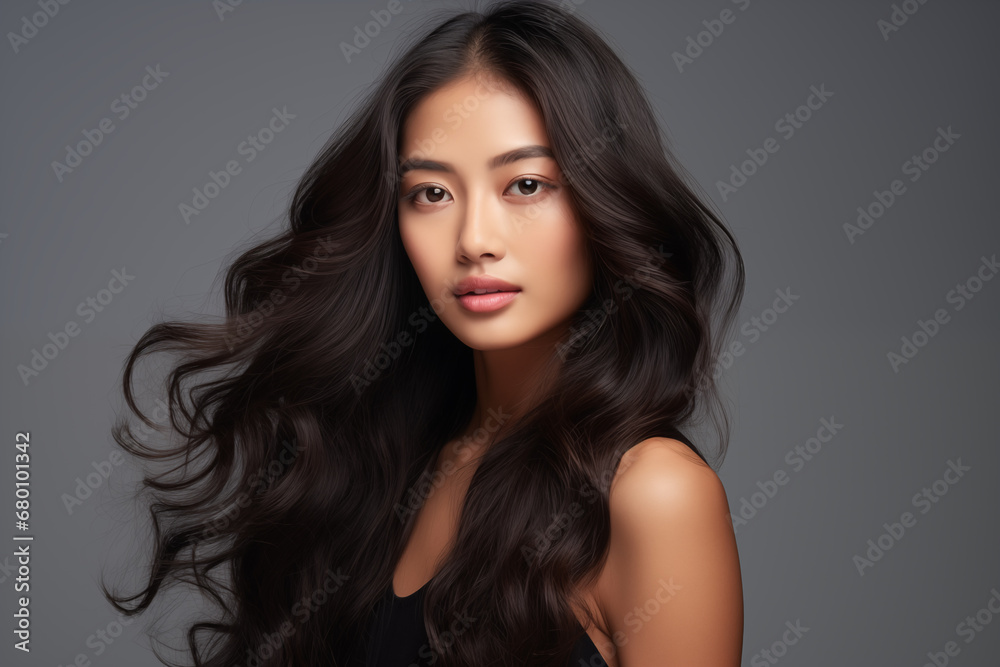 Beautiful asian woman with long and shiny wavy hair looking at the ...