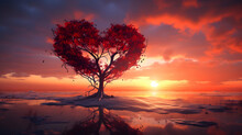 Red Heart Shaped Tree At Sunset, Valentine's Day Template Banner, Seasonal Wallpaper, Generative Ai