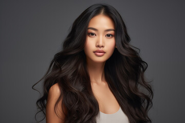 Wall Mural - Beautiful asian woman with long and shiny wavy hair looking at the camera on the grey background