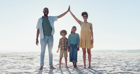 Wall Mural - Happy family, face and parents high five at a beach for freedom, kids or travel cover on blue sky background. Love, security and people with hands together in nature with children for sea vacation