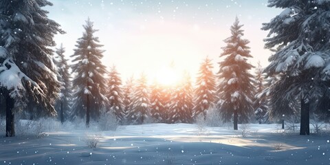  Winter wonderland. Breathtaking snowy landscape with majestic trees blue sky and christmas magic. Celebrate season. Scene of snow covered forest pine tree and warm glow of sunrise