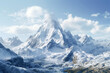 a snowy mountain range with a prominent peak against a blue sky with white clouds, ai generative