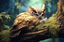 Owl Bird Sleeps On A Tree Branch