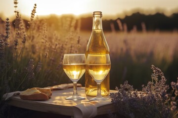 Wall Mural - Picnic with two wineglasses with white wine and bottle, bread, cheese, grapes on background of a lavender field