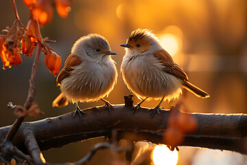 Two small birds interacting on a bare branch with dried leaves against a blurred warm golden background.