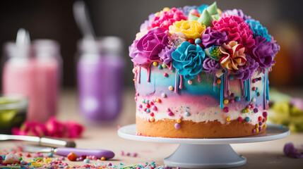 Canvas Print - birthday cake with candles and flowers