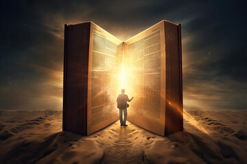 Bible Study Illustrated with Man Entering an Illuminated Bible in Desert