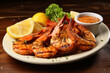 Grilled jumbo king shrimps, seafood restaurant dish with sauce.