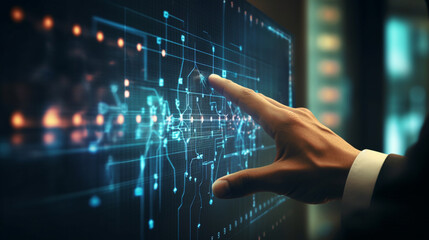 Digital technology, network connection, big data, digital marketing. close-up handshot Businessman touching screen futuristic analyzing data. technology background.