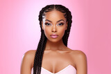 The portrait of an attractive young black female model in pink outfit  with braids hairstyle and full makeup isolated on a pink background, shot in a studio. Generative AI.