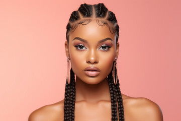 the portrait of an attractive young black female model in pink outfit with braids hairstyle and full