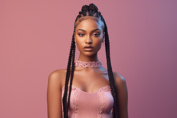 the portrait of an attractive young black female model in pink outfit with braids hairstyle and full