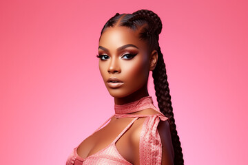 The portrait of an attractive young black female model in pink outfit  with braids hairstyle and full makeup isolated on a pink background, shot in a studio. Generative AI.