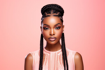 The portrait of an attractive young black female model in pink outfit  with braids hairstyle and full makeup isolated on a pink background, shot in a studio. Generative AI.