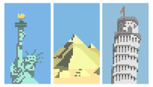 Pixel Art Vertical 7 Wonder Of The World, Statue Of Liberty, Pyramid Of Giza And Pizza Tower Italy Background Decoration