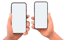 Two hands holding a smartphone with a white screen on a white background
