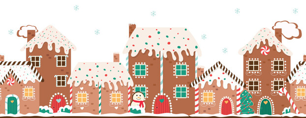  Gingerbread houses christmas border. Horizontal vector illustration for winter holidays. Gingerbread house day