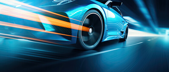 Wall Mural - car driving on the road, Close-up of wheel of fast sports car on highway, high speed auto in motion blur,Close-up photos wheel sport