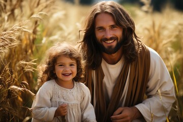 Sticker - portrait of jesus with little child