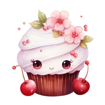 A cupcake with cherry blossoms on top of it