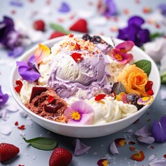 Wall Mural - A bowl of ice cream with berries and flowers