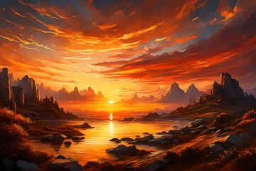 Wall Mural - a detailed hd image portraying the majestic allure of a sunset, casting a golden glow across the sky