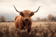Majestic Highland Cow Grazing , A Rustic Montana Backdrop