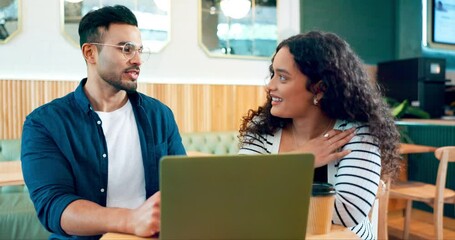 Poster - Laptop, coffee shop and happy people collaboration, reading and check web research, feedback or restaurant info. Customer, remote work cooperation and freelance team working on small business report
