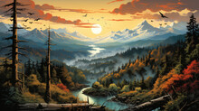 Sunset In River The Mountains, Smoky Mountains With Forest  And Clouds, Mountains Fog. Nature  Vector Illustration