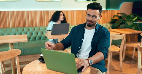 Wall Mural - Laptop, coffee shop drink and happy man typing, reading or check online report, website or relax with morning beverage. Customer, matcha tea cup and freelancer article, review and remote work on blog