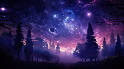 Wall Mural - lanscape sky with stars,  Galaxy Moon Sky in Forest,starry sky. Misty hills, rising moon, dark forest, mountains