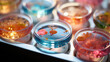© Planetz - Petri dishes in a laboratory.Petri dish. Petri's cup with liquid. Chemical elements, oil, cosmetics. Gel, water, molecules, viruses. Close-up.