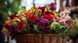 Fototapeta Tulipany - Beautiful bouquet of flowers in a basket on the table. Springtime Concept with Copy Space. Mothers Day Concept.