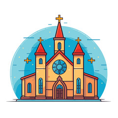 Catholic church building, cathedral. Cartoon religious architecture exterior, Vector illustration