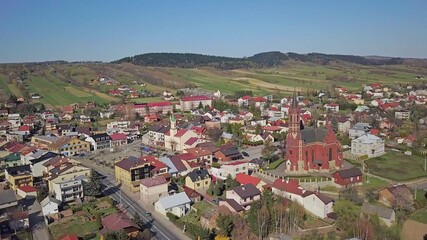 Wall Mural - Kolaczyce, Poland - 9 9 2018: Photograph of the old part of a small town from a bird's flight. Aerial photography by drone or quadrocopter. Advertise tourist places in Europe. Planning a 