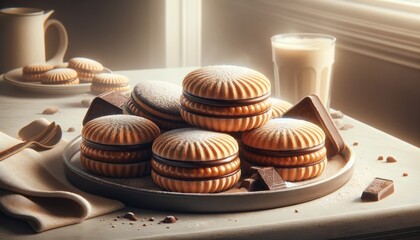 Assortimento di Alfajores argentini con Dulce de Leche, alcuni ricoperti di cioccolato, ideali per pubblicità.
