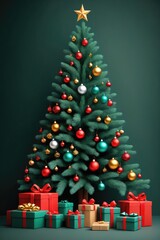 Christmas background with copy space. Top view New Years' card illustration with presents and pine Tree