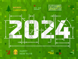 Wall Mural - New Year 2024 as technical blueprint drawing. Drafting of 2024 on crumpled paper. Vector illustration for new years day, christmas, winter holiday, new years eve, engineering, silvester, etc