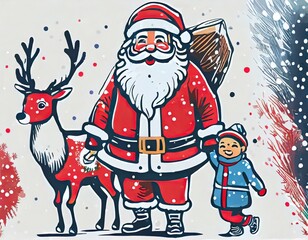 Wall Mural - christmas and snow with santa claus and children and deer