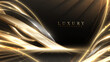 Black luxury background with gold curve metallic elements with light wave effect decorations and bokeh.