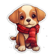 Canvas Print - Cute Cartoon Christmas Puppy with a Red Scarf  Illustration Sticker Isolated on a White Background