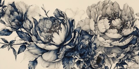 Wall Mural - AI Generated. AI Generative. Retro vintage paint drawing ink sketch peonies flowers in blue old style. Can be used for decoration of wedding card or romantic fashion postcard.  Graphic Art