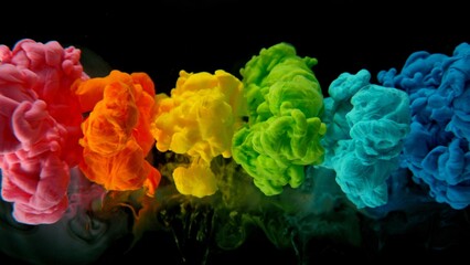 Poster - Colourful Rainbow Paint Drops Mixing in Water.