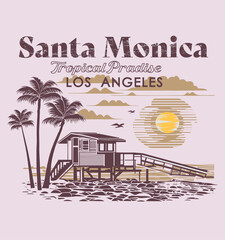 Sticker - Santa monica.vintage sunset with palms on the beach illustration for t shirt and poster design